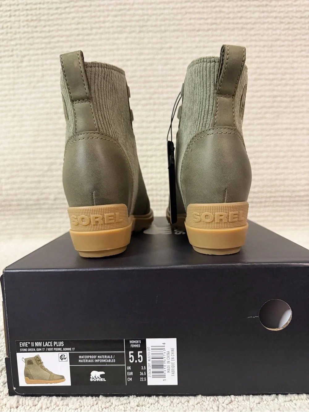 Sorel Women Size 5.5 Evie II NW Lace Stone Green Waterproof Wedge Booties Boots